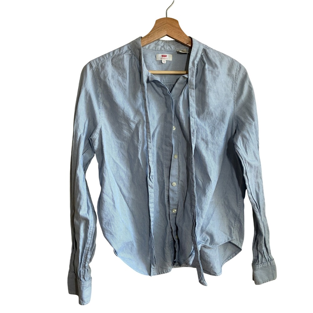 Levi's Tie Neck Button Down Shirt Size M Blue White Women Cotton Micro-Stripe